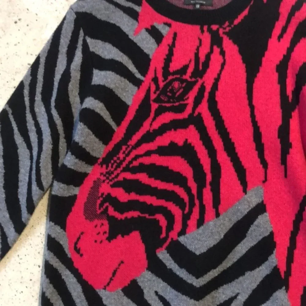 Rag & Bone Black and Pink Cashmere Zebra Crew Pullover - Picture 5 of 9